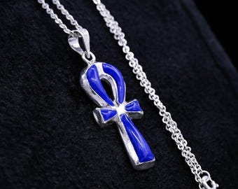 Egyptian Ankh Key of Life Silver Pendant Necklace Blue Enamel Protection Jewelry