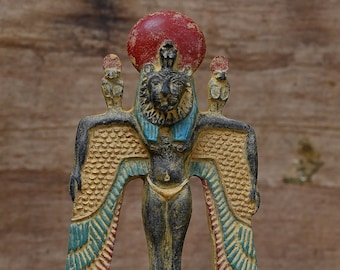 Egyptian Sekhmet Statue: Winged Lion Goddess, Stone with ancient colors