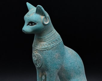 石彫 石像 猫 バステト女神像 古代エジプト神 ベージュ系 ヴィンテージ美品 石彫 石像 猫 バステト女神像 古代エジプト神 ベージュ系