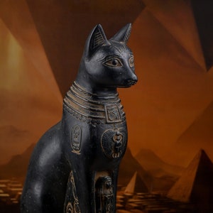 Unique statue of Egyptian goddess Bastet cat with scarab large heavy stone made in egypt