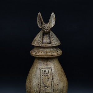 Egyptian Jar-With Unique Anubis Lid-Can Be Used To Store Wine And Oil-This Handcrafted Piece Of Unparalleled Natural Stone Made In Egypt