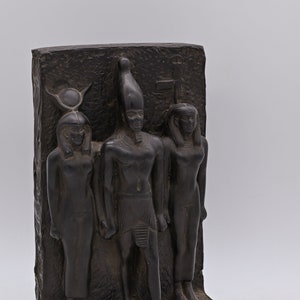 Triads of Menkaure Pharaoh, stands between the goddess Hathor and his wife Made by hand ( 2 color ) made in egypt