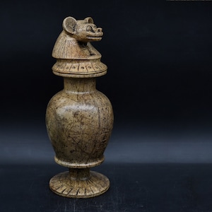 Egyptian Jar-With Unique Hapy Lid-Can Be Used To Store Wine And Oil-This Handcrafted Piece Of Unparalleled Natural Stone Made In Egypt