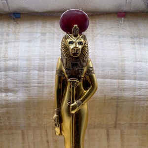 Large statue of Goddess Sekhmet standing, Egyptian Art handcrafted heavy stone gold leaf made in egypt