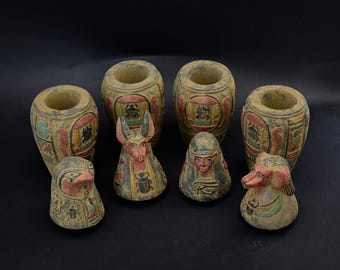Egyptian Canopic Jars: Set of Four Stone Vessels