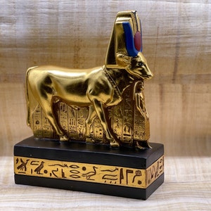 Egyptian Statue of Hathor Protecting Psammetik Sculpture heavy gold leaf stone made in Egypt