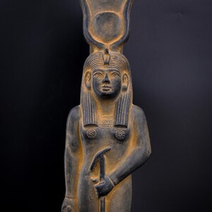 Large statue of Hathor goddess of the sky, love, beauty, money, happiness, music, fertility blue heavy stone, made in Egypt