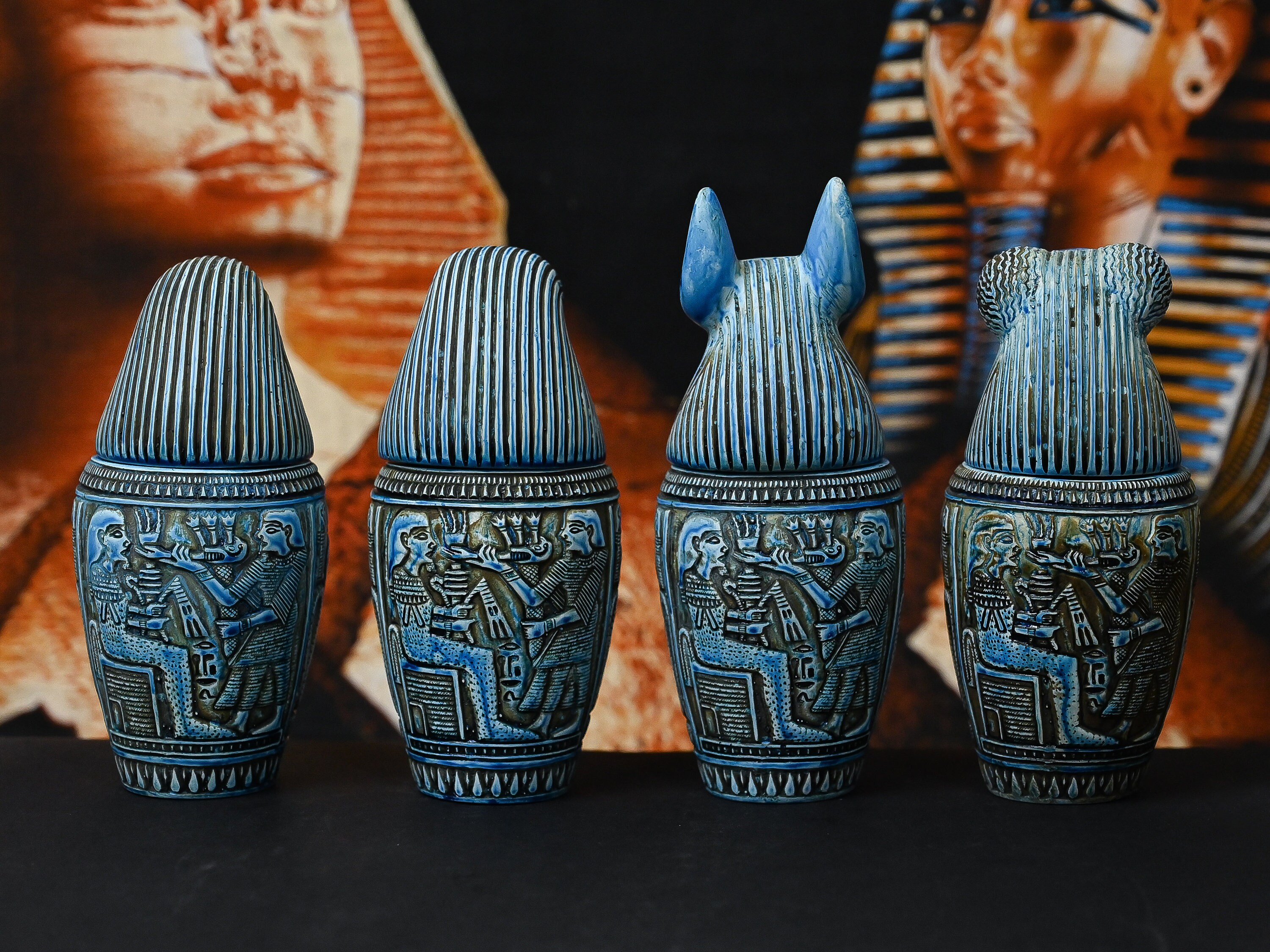 カノプス壺 4 個セット オルガン 彫刻 古代エジプト美術 重厚な