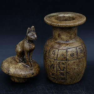 Egyptian Jar-With Unique Bastet Lid-Can Be Used To Store Wine And Oil-This Handcrafted Piece Of Unparalleled Natural Stone Made In Egypt