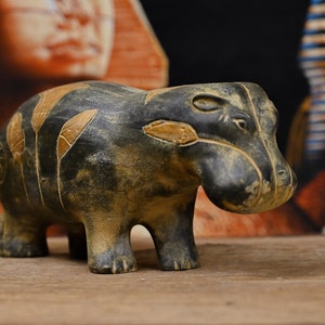 Tawert - Hippopotamus (Goddess Taweret) Goddess of women and children, carved with golden lotus flowers, made of stone, Made in Egypt