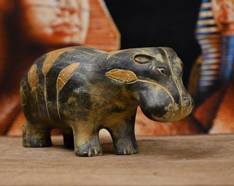 Tawert - Hippopotamus (Goddess Taweret) Goddess of women and children, carved with golden lotus flowers, made of stone, Made in Egypt