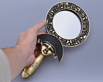 Egyptian Handmade Hathor Mirror style Replica from her Original Collection made from stone and covered by gold leaf, made in Egypt