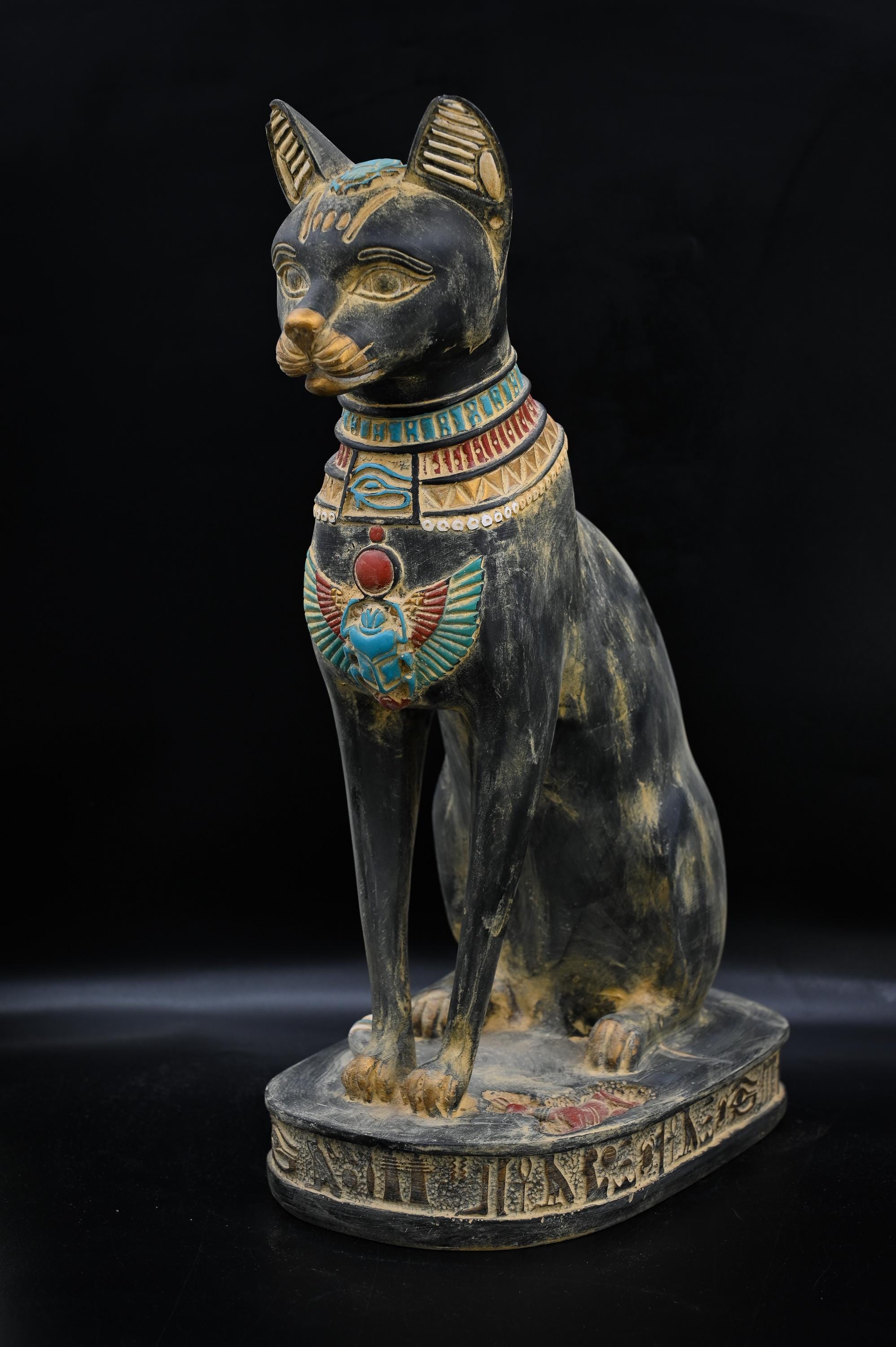 Unique statue of Egyptian goddess Bastet cat with scarab large heavy stone made in egypt