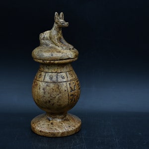 Handcrafted Egyptian Jar with Anubis Lid: Natural Stone Decor, made in Egypt