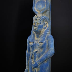Large statue of Hathor goddess of the sky, love, beauty, money, happiness, music, fertility blue heavy stone, made in Egypt