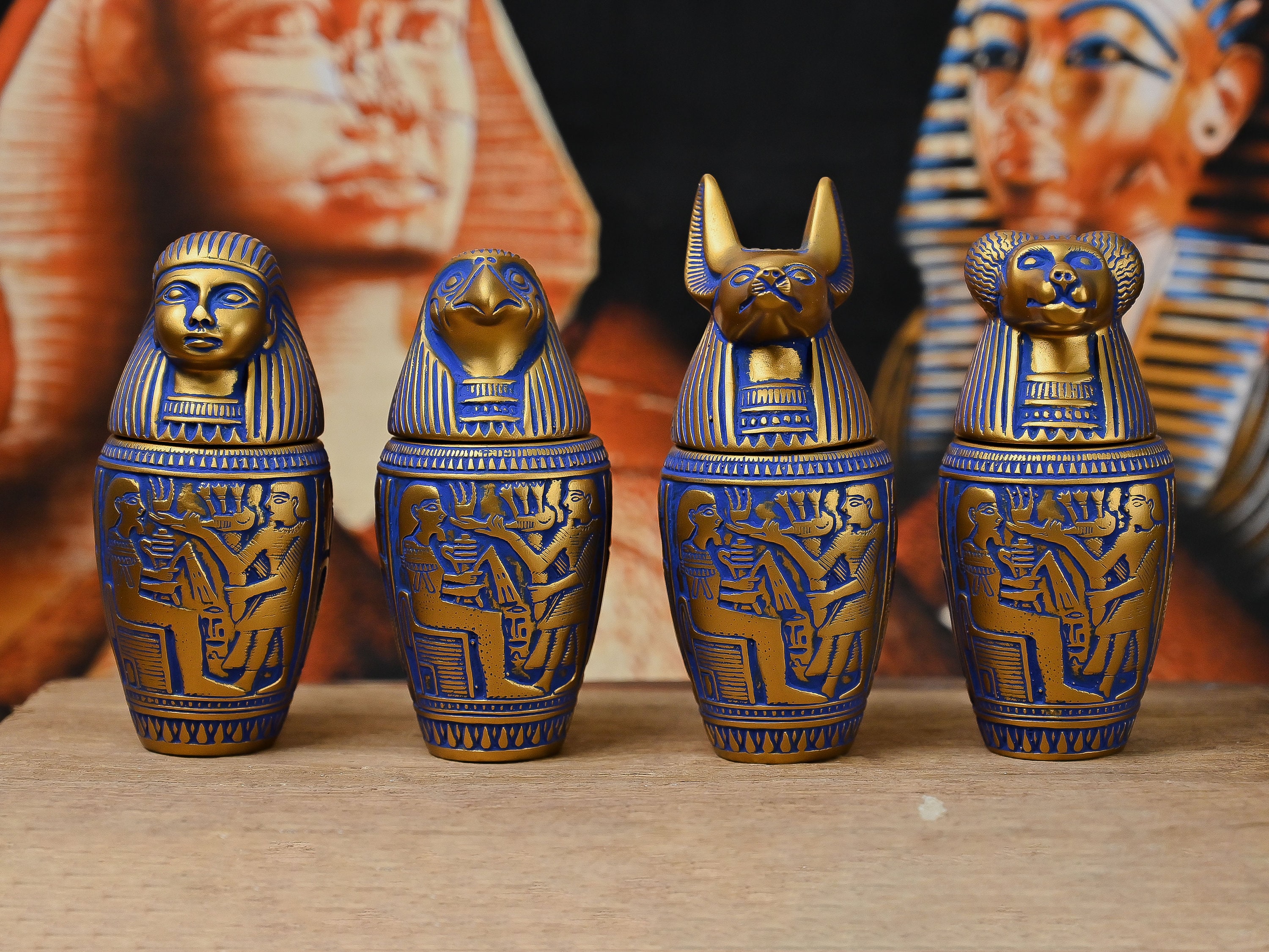 Egyptian Canopic Jars: Set of Four Horus Organ Jars - Made in