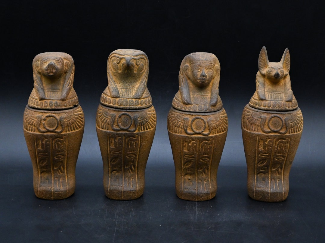 カノプス箱 4つの壺 ファラオ美術 彫刻された碑文 エジプト製の石