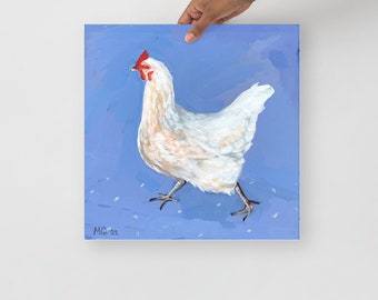 Poster, Print, Huhn, Bauernhofschlauch, Handmalerei, Violett, Weiß, Huhn Malerei, Acrylmalerei, Wandkunst, Wanddekoration, zeitgenössisch