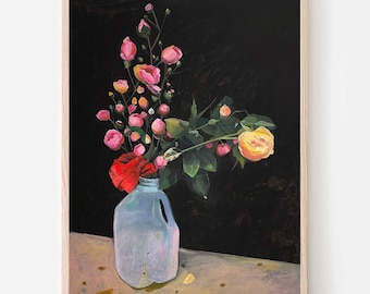 Poster Druck, Blumen, Blumenstrauß in einer Vase, Acrylmalerei, schwarz, grün, rosa, Handmalerei, Blumenmalerei, Kunstwerk, Wandkunst, Unikat