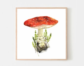 Poster, Print, Fly agaric, fungus , aquarelle, watercolor, red, autumn, farmhouse, nature, green, handpainting, art print,