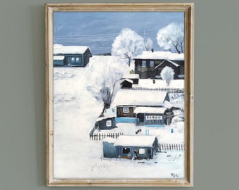 Winter Landscape Original painting  Village Acrylic Painting Farmhousу House Canvas Art Wall decoration Blue Hand painting neutral