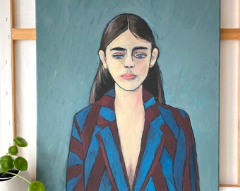 Original Painting, 50cm x 60cm,Woman portrait,Fashion,Wall Art, Hand Painting, Acrylic Painting,Contemporary Art,Blue, red,Wall decoration