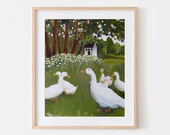 Poster  Print, Geese, Animals, Birds, Acrylic painting, Farmhouse, Art, Hand painting, Green, Nature, Wall art, Decor, Contemporary art