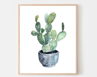 Poster Print Cactus Plant, Nature, Green, Grey, Watercolor, Farmhouse, Nature, Art, Hand Painting, Original, Wall art, Deco, Wall deco