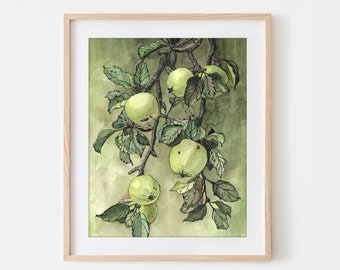 Poster, Print, Watercolor Print, Apples, Kitchen, Green, Wall decoration, Wall Art, Hand painting, Art print, botanical Art.