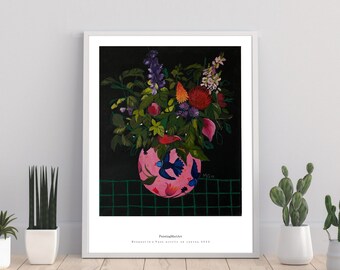 Poster, Print, Blumen, Blumenstrauß in einer Vase, Acrylmalerei, Schwarz, Grün, Rosa, Handmalerei, Blumenmalerei, Kunstwerk, Wandkunst, Unikat