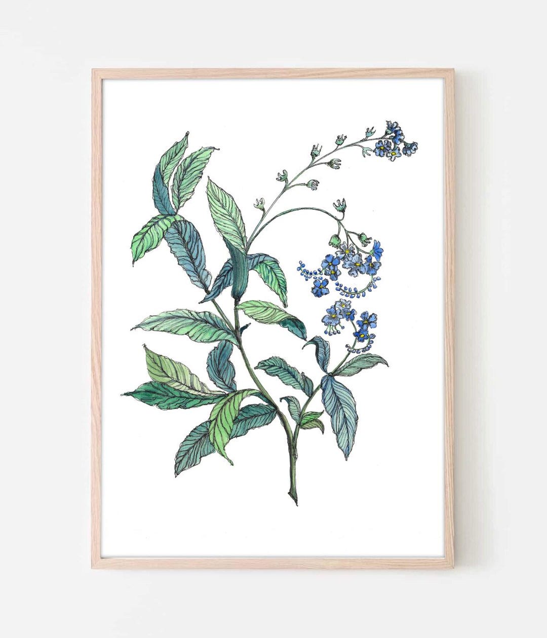 Floral Watercolor Print, Green Leaves, Blue Flowers, Botanical Wall Art ...