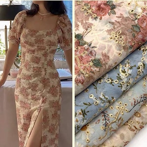 Eyelet Embroidery Chiffon Fabric Floral Printing Dress Making 140cm Wide, Sold By The Half Yard