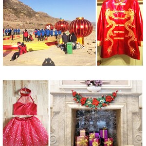 Op de afbeelding: Een rood en gouden jasje in Chinese stijl met een drakenontwerp. Het jasje heeft een mandarijnskraag en een knoopsluiting. De stof is glanzend en heeft een satijnachtige afwerking.