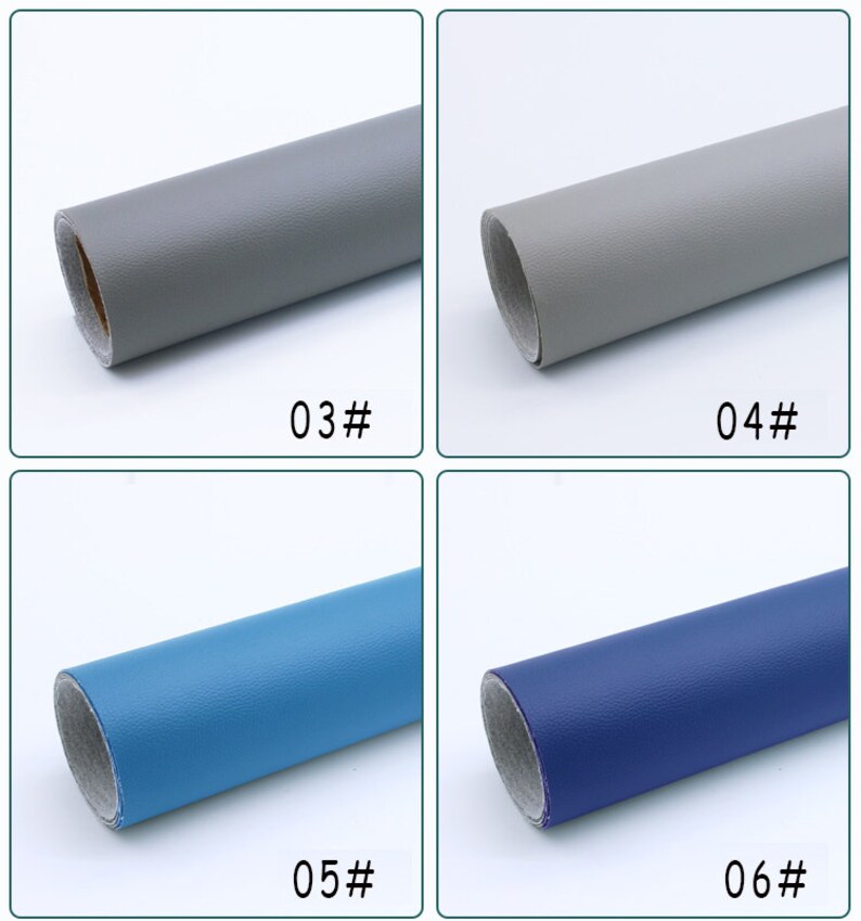 May include: Four samples of upholstery fabric rolled up. The first two samples are a light gray color. The third sample is a light blue color. The fourth sample is a dark blue color. The samples are labeled 03#, 04#, 05#, and 06#.