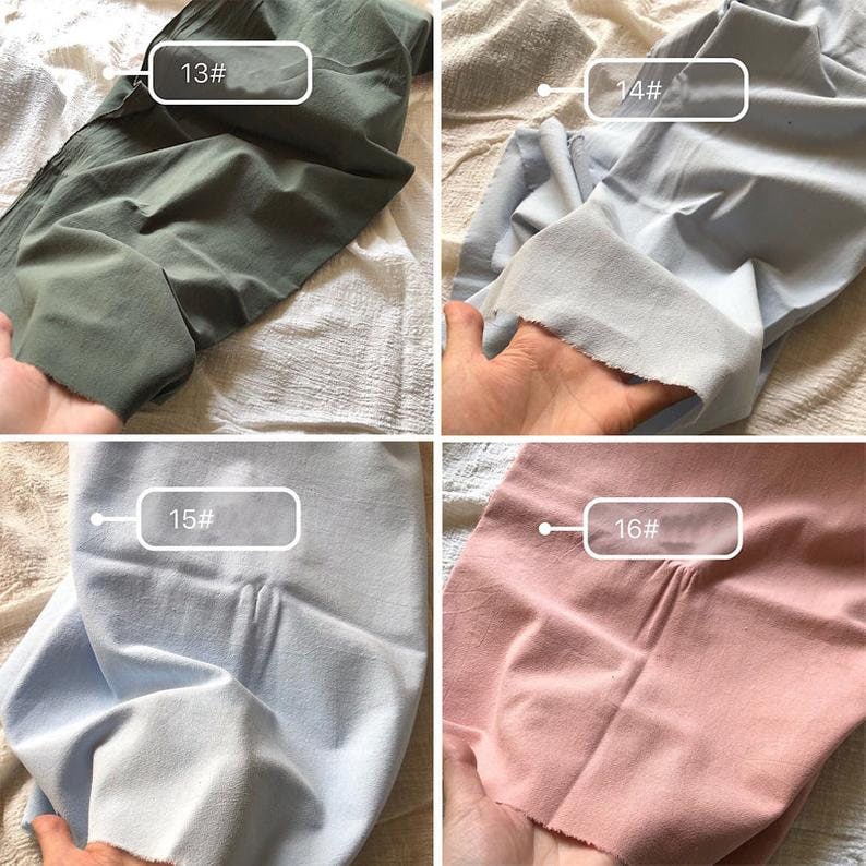 May include: Four fabric swatches in different colours: olive green, light blue, sky blue, and pale pink. Each swatch is labelled with a number: 13, 14, 15, and 16.