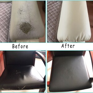 May include: Before and after images showing the effectiveness of a leather repair product. The before images show a white leather couch and a black leather chair with cracks and tears. The after images show the same couch and chair with the cracks and tears repaired, restoring the leather to a smooth, even surface.