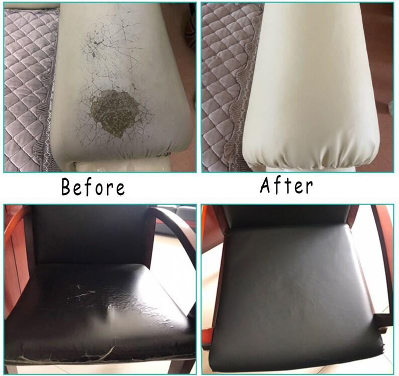 May include: Before and after images showing the effectiveness of a leather repair product. The before images show a white leather couch and a black leather chair with cracks and tears. The after images show the same couch and chair with the cracks and tears repaired, restoring the leather to a smooth, even surface.