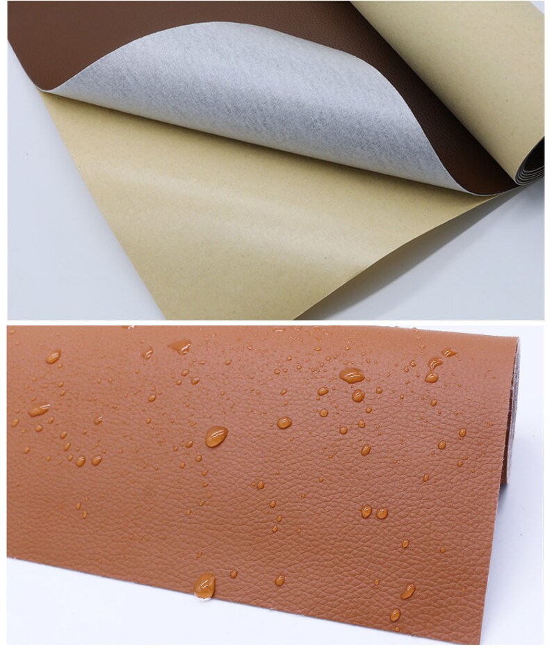May include: Close-up of a brown leather-like fabric with a textured surface. Water droplets are visible on the fabric, demonstrating its water-resistant properties. The fabric has a backing layer with adhesive for easy application.