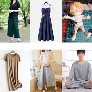 K&ouml;nnte beinhalten: Eine Sammlung von Kleidungsst&uuml;cken, darunter ein schwarzes und gr&uuml;nes Outfit, ein blaues Kleid mit einem wei&szlig;en Oberteil, ein braunes Kleid, ein hellblauer Rock und ein hellrosa Oberteil sowie ein graues Langarmshirt.