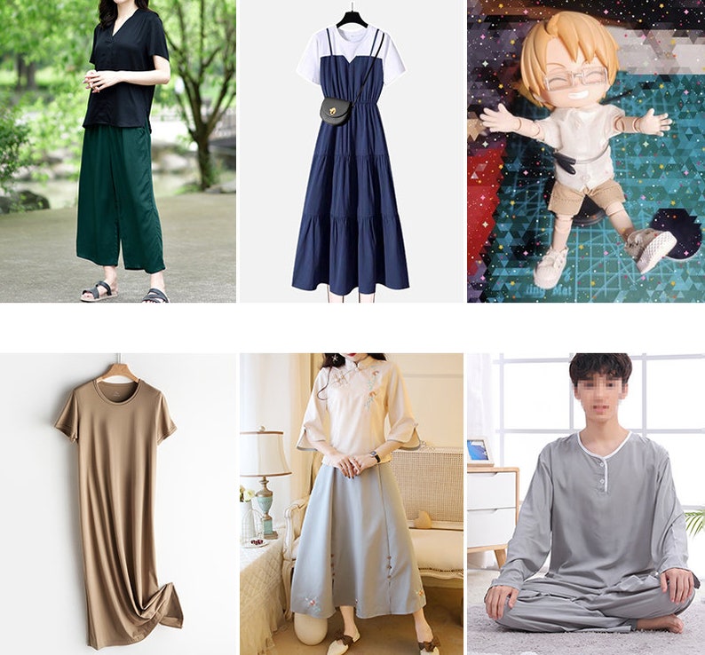 K&ouml;nnte beinhalten: Eine Sammlung von Kleidungsst&uuml;cken, darunter ein schwarzes und gr&uuml;nes Outfit, ein blaues Kleid mit einem wei&szlig;en Oberteil, ein braunes Kleid, ein hellblauer Rock und ein hellrosa Oberteil sowie ein graues Langarmshirt.