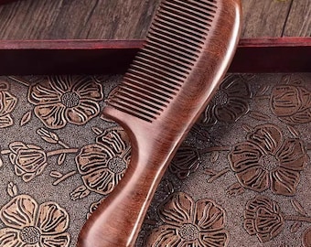 Natural Sandalwood Comb With Handle Solid Color- Anti Static Wooden Hair Comb