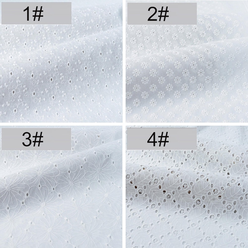 May include: A four-panel grid displaying white eyelet fabric samples. Panel 1# shows small floral cutouts, 2# features dense daisy patterns, 3# displays large outlined flower motifs, and 4# presents a leaf-like design with intricate eyelet detailing.