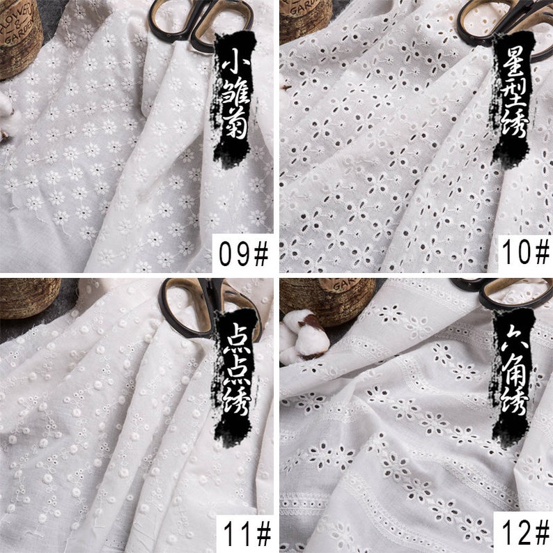 K&ouml;nnte beinhalten: Vier Muster von wei&szlig;em Baumwollstoff mit verschiedenen Stickmustern. Der Stoff ist gefaltet und hat eine kleine Schere darauf. Die Muster sind: kleine G&auml;nsebl&uuml;mchen, Stern, Punkt und Sechseck. Der Stoff ist mit den Nummern 09, 10, 11 und 12 gekennzeichnet.