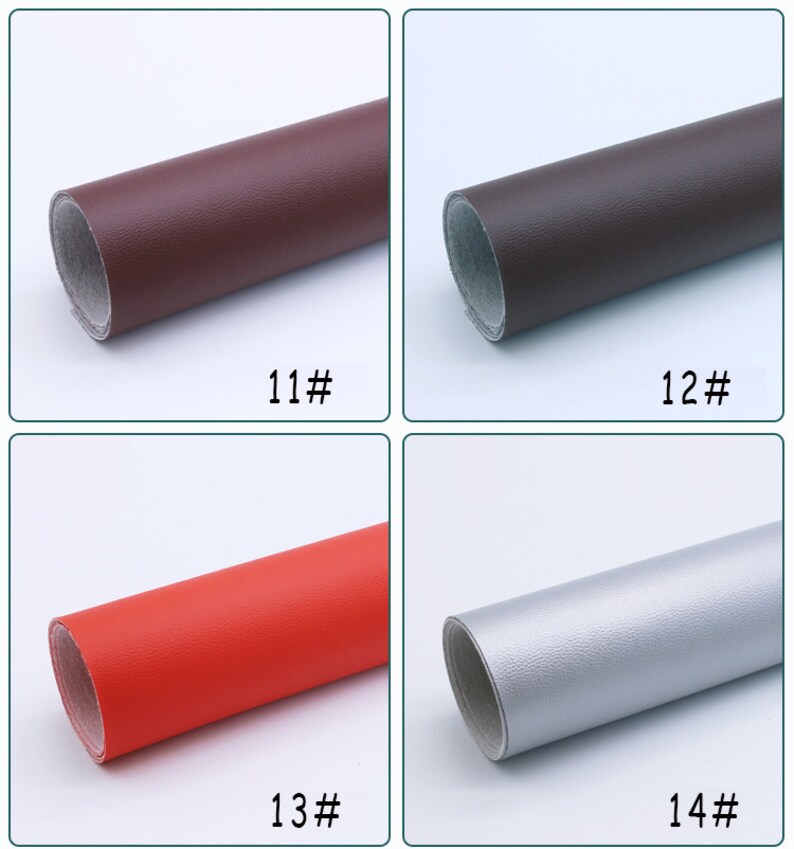 May include: Four rolls of faux leather in different colors: brown, dark brown, red, and silver. The rolls are labeled with numbers 11, 12, 13, and 14.
