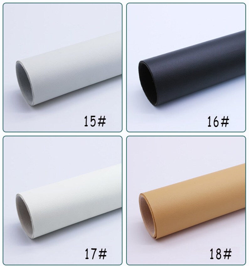 May include: Four rolls of faux leather in different colors: white, black, white, and beige. The rolls are labeled with numbers 15, 16, 17, and 18.