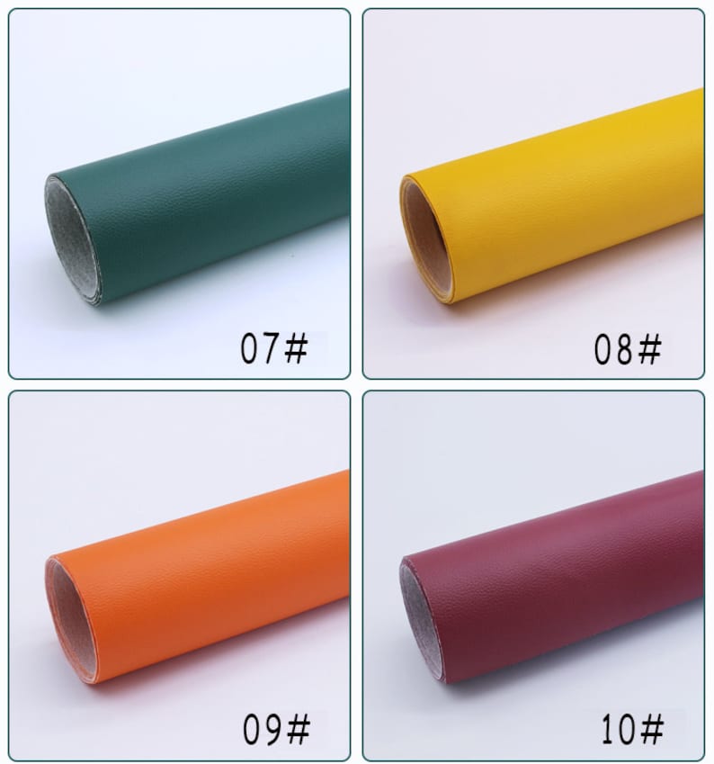 May include: Four rolls of faux leather in different colors: green, yellow, orange, and burgundy. Each roll is labeled with a number.