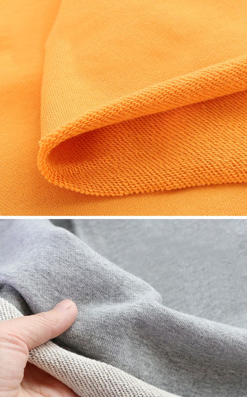 May include: Close-up of the inside of a yellow sweatshirt showing the soft, looped fabric. The second image shows the inside of a gray sweatshirt with a white lining.