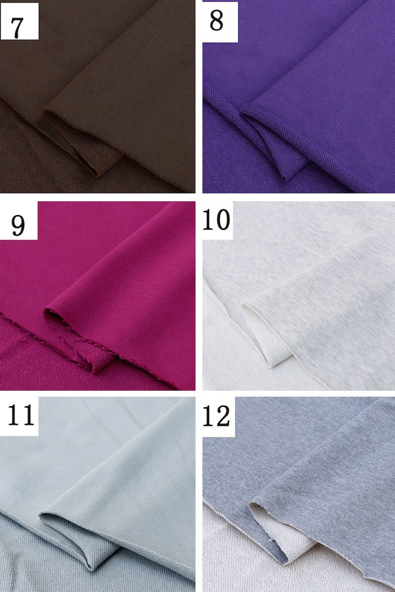 May include: Close-up of six fabric swatches in different colors. The swatches are numbered 7 through 12. The colors are brown, purple, pink, light gray, and dark gray.
