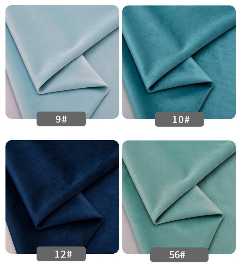May include: Four fabric swatches in different colors: light blue, teal, dark blue, and light green. The swatches are folded in half and labeled with numbers: 9#, 10#, 12#, and 56#.