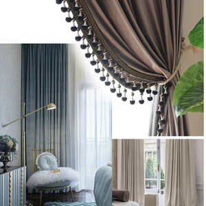 May include: A set of three curtains in different colors and textures. The first curtain is a dark blue velvet with a subtle sheen. The second curtain is a sheer white fabric. The third curtain is a light beige linen fabric.